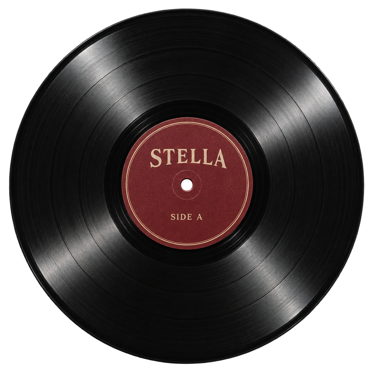 Black vinyl record with a burgundy Stella label